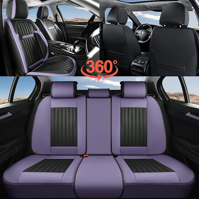Coverado Car Seat Covers Full Set, Seat Covers for Cars, Car Seat Cover, Car Seat Protector, Leather Car Seat Cushion, Waterproof Car Seat Covers Front Seats and Back Fit for Most Cars(Purple&Black)