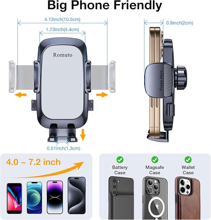 Romuto Phone Holders for Your Car Phone Holder Mount【Super Suction】Cell Phone Mount for Car Accessories for Women Men Windshield/Vent/Dash Truck Stand Desk Mount Clamp Holder for iPhone Samsung Camera