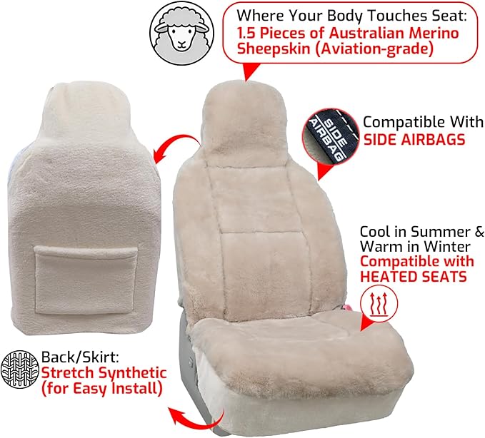 Aegis Cover Premium Australian Merino Sheepskin Car Seat Cover, Easy-Install Summer & Winter Universal Fit for SUV Truck Sedan Most Vehicles (FS-Sand)