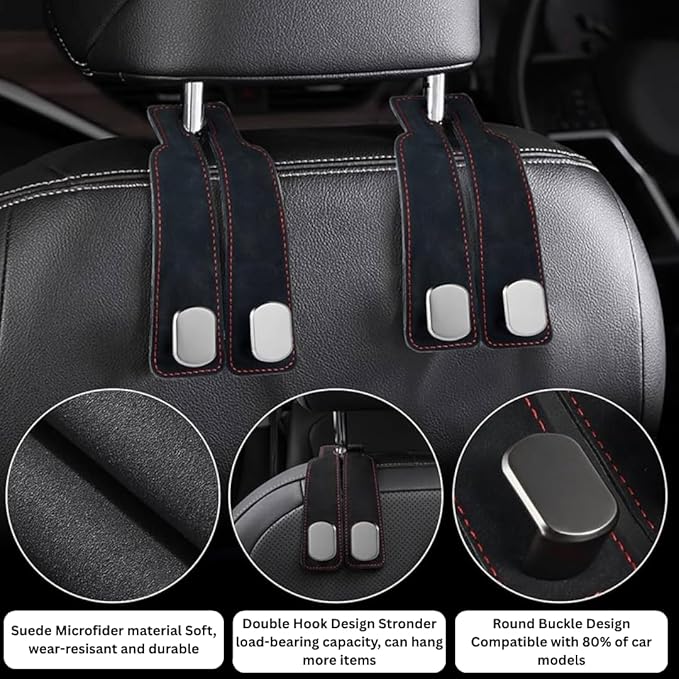 Car Seat Headrest Hooks for Purses and Bags - Premium Leather Double Hook Hanger with Metal Construction, Universal Purse Holder for Car Organization, Fits Most Vehicles (Black, 2-Pack)