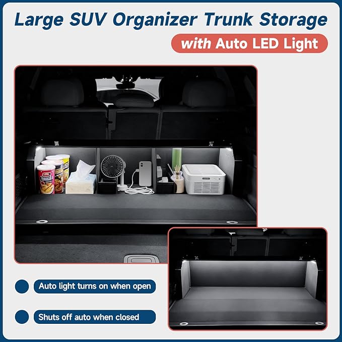 Trunk Organizer SUV with LED Light, Waterproof Leather Car Trunk Storage Organizer with Lights, Large Capacity Sturdy Car Storage Box Powered by 4 AA Batteries (Batteries Not Included)
