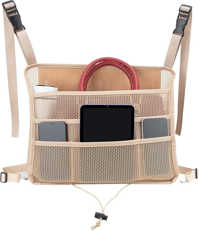 Car Seat Back Organizer, Net Purse Hangbag Holder for Car, Auto Driver Or Passenger Accessories Organizer, Vehicle Console Caddy, Personal Travel Storage Bag for Pet Kids Adults, Pu Leather Beige