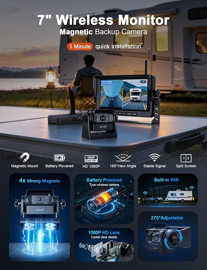 EWAY Wireless WiFi Magnetic Backup Camera 7" IPS Monitor HD 1080P Rechargeable Battery No Wiring - Rear View Reverse Monitoring Hitch Camera for Car Truck Pickup RV Camper 5th Wheel Horse Boat Trailer