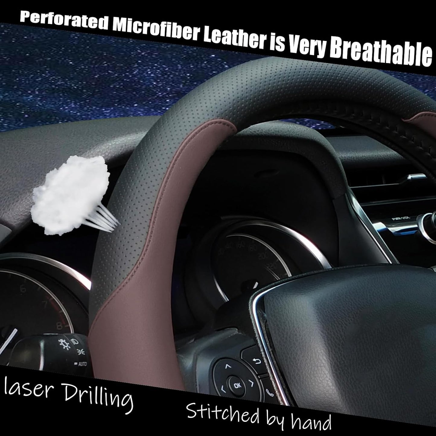 Steering Wheel Cover Standard Size Medium 14.5-15 inch, Breathable Microfiber Leather, Anti-Slip, Soft Grip, Universal Fit for Cars SUVs Trucks, Black and Chocolate Brown
