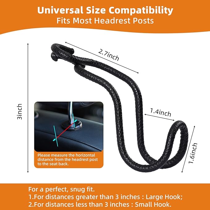 Idefair Car Hooks for Headrest - 2 Pack Car Bag Holder with Lock Loop, Coating Leather Scratch-Free Auto Purse Hanger, Car Seat Back Storage Gadgets Accessories for Jeep SUV Truck - Black Leather/2S