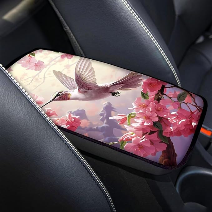 Peach Hummingbird Car Armrest Pads Car Armrest Cushion Arm Rest Covering Car Middle Console Covers Non Slip for Truck Auto SUV Car Accessories