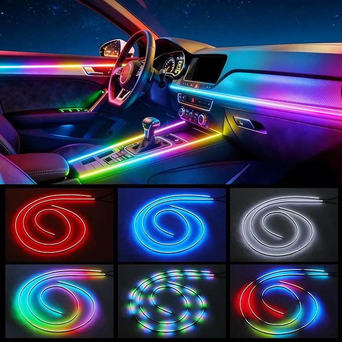 Interior Car LED Strip Lights Acrylic Fiber Optic Strip LED Lights with APP&Remote Control Dynamic Chasing Music Sync Neon Ambient Lighting Kits for Cars,SUVs,Trucks(55.12inch*2)