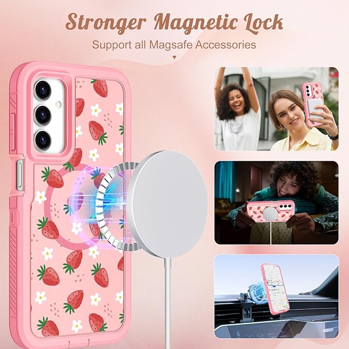 for Samsung Galaxy A15 5G Phone Case - Compatible with MagSafe Women Cute Girls Magnetic Protective Cover Strawberry Girly Kawaii Design Heavy Duty Shockproof for Samsung A15 5G Case 6.5"
