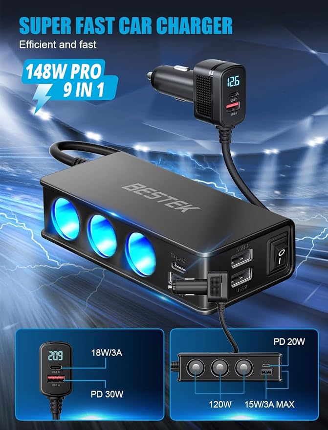 BESTEK 9 in 1 Cigarette Lighter Splitter 148W 3-Socket Car Cigarette Lighter PD30W and 4 USB-A QC3.0 18W with LED Display 12V/24V Cigarette Lighter Adapter for Dash Cam, GPS, iPad/Laptop/Phone