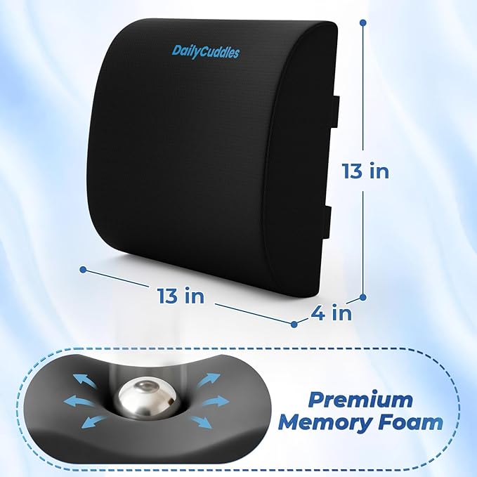 Lumbar Support Pillow for Office Chair Back Support - Memory Foam Lumbar Pillow for Car or Gaming Chair, Ergonomic Back Cushion with Adjustable Strap for Long-Hour Sitting (Black)
