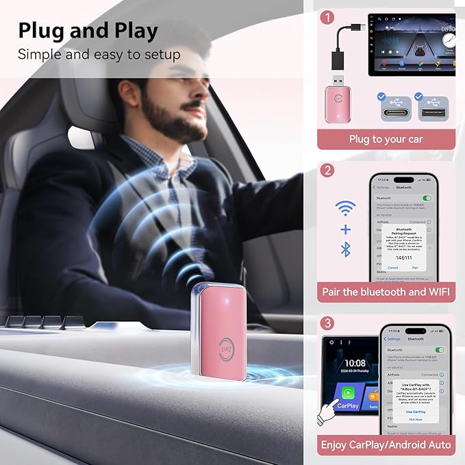 Wireless Carplay Adapter for iPhone, Convert Wired Car Play to Wireless, 2 in 1 Plug and Play Mini CarPlay and Android Auto Adapter for iOS 10 Android 11 and Above, Cars with Built-in Carplay (Pink)