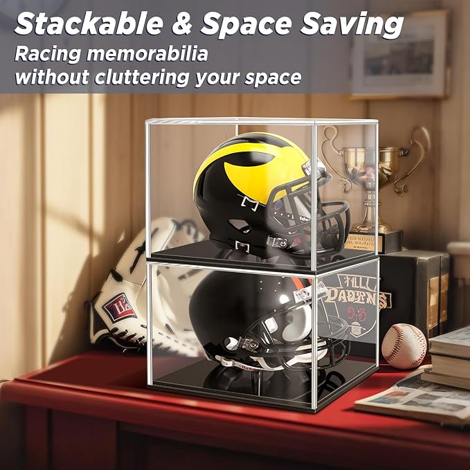 Mini-Helmet-Display-Case, UV Protection Acrylic Display Case Souvenirs and Collectibles Box for MINI Football Helmets with Black Base & Riser (Black Base & Riser, Stackable)