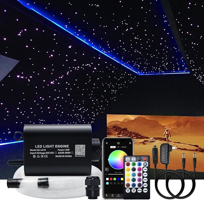 AKEPO 16W Fiber Optic Starlights Headliner Kit, 450pcs 0.75mm 9.8ft/3m Optical Fiber Strands APP/Remote Control Music Activated Car/Truck/Home Use Starlight kit