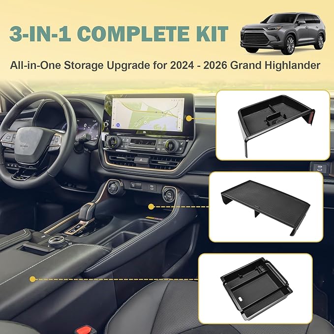 3PCS Center Console Organizer Set Compatible with 2024 2025 2026 Toyota Grand Highlander Accessories — Dashboard Organizer + Front Console Insert Divider + Armrest Storage Box, ABS Storage Tray
