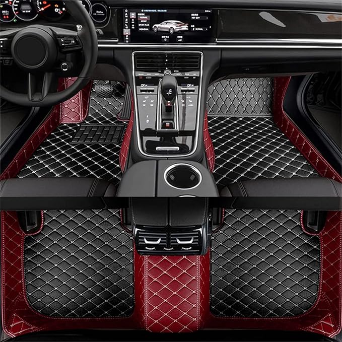 Custom Car Floor Mats Fit for 99% Sedan SUV Sports Car Full Coverage Pads Leather Floor Liners Mat Women Men (Black&Wine red)