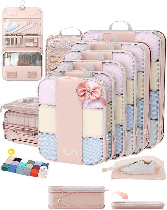 10 Set Compression Packing Cubes for Travel Gifts Women Mom,OlarHike Luggage Clothes Organizer for Travelers,Airplane/Cruise/Car/Train Travel Essentials,Compressible Expandable Saver Space Bags(Beige)