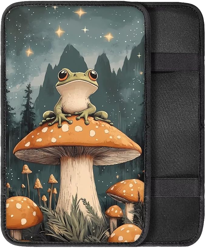 Frog Mushroom Print Car Center Console Pad for Women Men, Universal Auto Armrest Box Protector for Most Cars SUV Trucks Vans