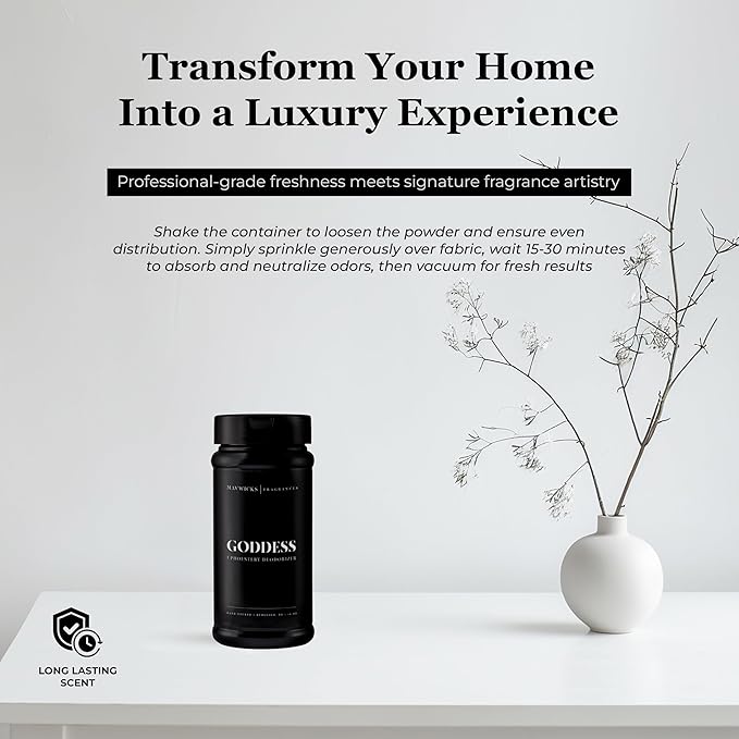 Mavwicks Fragrances - Upholstery Deodorizer (Goddess) 16 Oz - Rug, Couch & Carpet Deodorizer - Vacuuming Powder, Pet Safe Carpet Freshener Powder - Odor Eliminator for Home