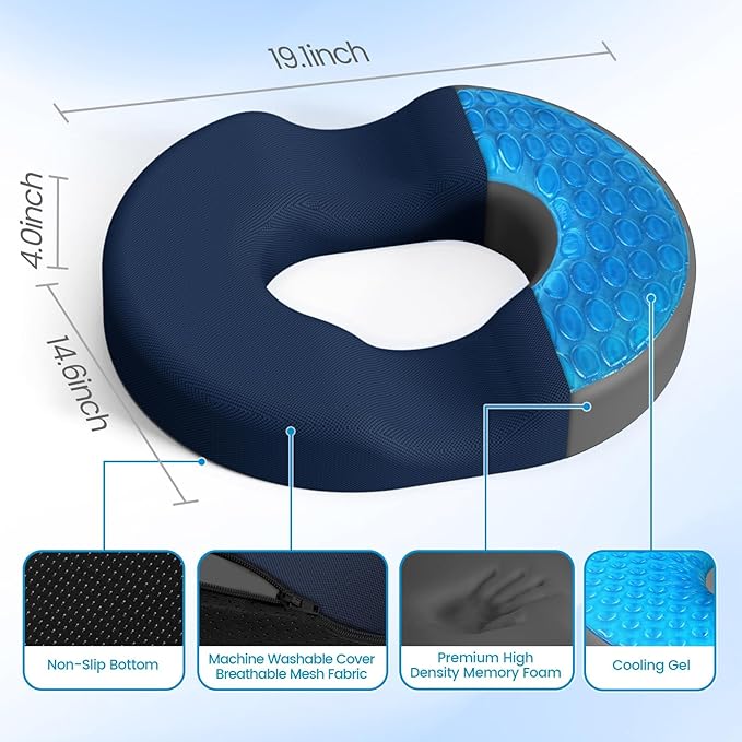 Donut Pillow Seat Cushion - Cooling Gel Outdoor Chair Cushions, Memory Foam Seat Cushion for Office & Home, Car Seat and Patio Furniture Cushions, Hemorrhoids Pillow and Tailbone Pain Relief, Blue
