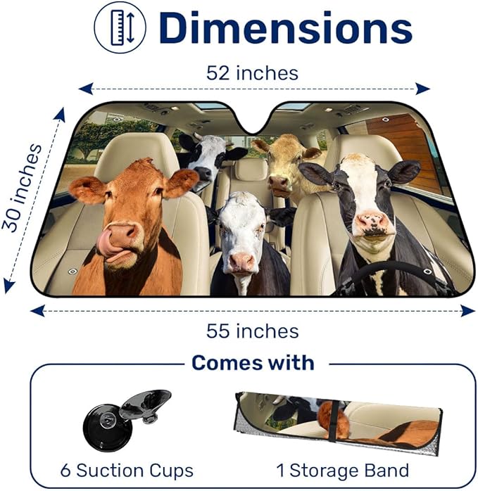 GENANY Cow Family Windshield Sun Shade for Car SUV Truck (64x32 Inches), Sun Shade Windshield, Shades for Front Windows, Protector Blocks UV, Spring Car Decor