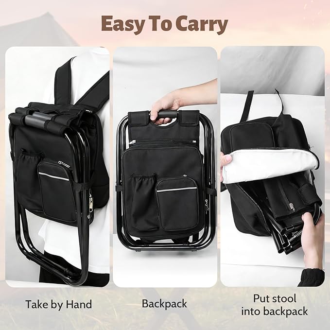 Folding Camping Chair Stool Backpack with Cooler Insulated Picnic Bag, Portable Hunting Fishing Multifunction Chair for Outdoors Hiking Hunting Travel (Black)