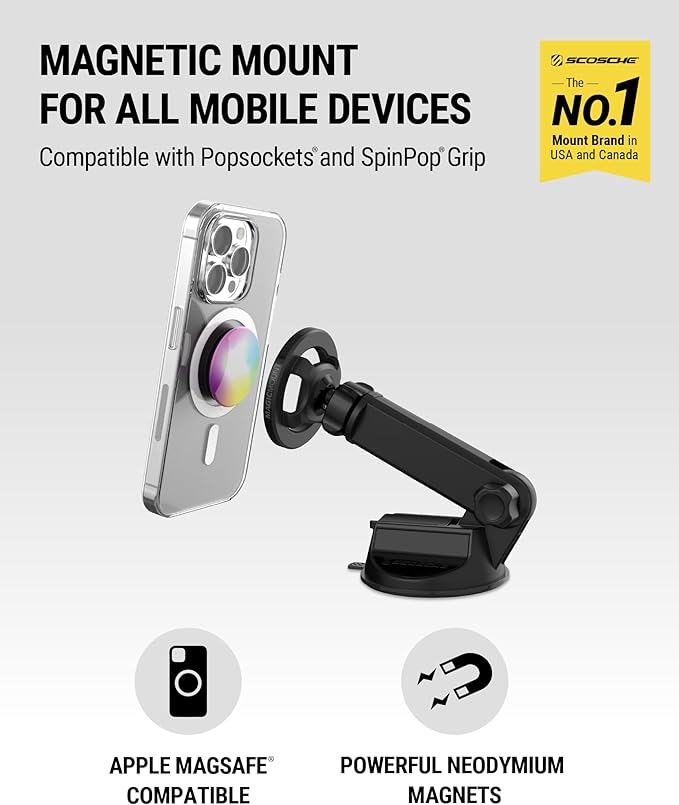Scosche MagSafe Car Mount, Suction Cup Windshield Phone Mount/Magnetic Cell Phone Holder for Car Dashboard with Extended Arm Compatible with Popsocket, Cellphone Stand Compatible with iPhone, Samsung