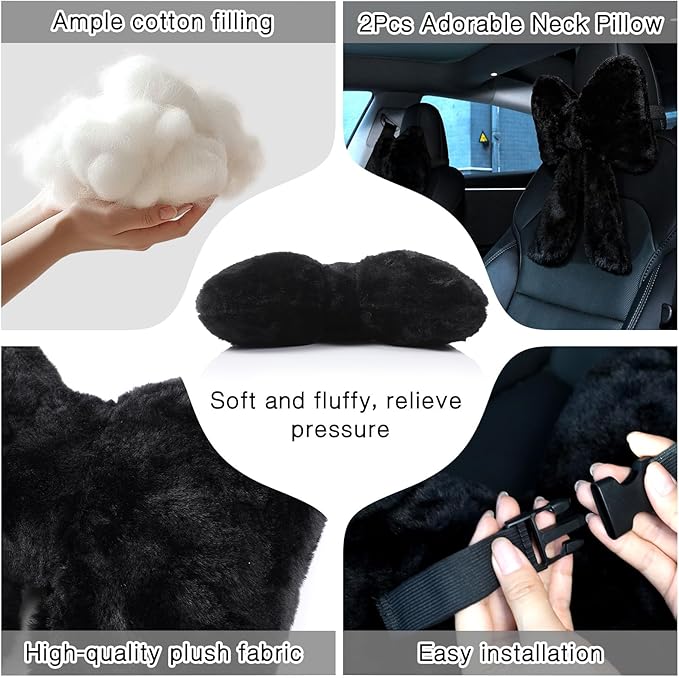 Macarrie 2 Pcs Car Neck Pillow Plush Butterfly Bow Car Headrest Pillow Comfortable Seat Neck Support Cute Car Head Rest Accessories for Driving Travel Driver Chair Girl Style Interior Decor (Black)