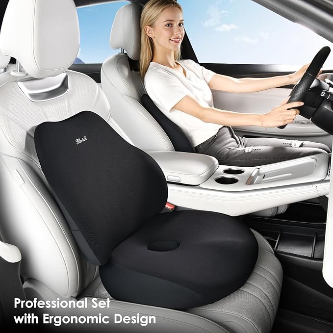 FLORICH Car Seat Cushion and Lumbar Support Pillow, Ergonomic Memory Foam Driving Seat Cushions for Back & Sciatica Pain Relief, Non-Slip Cushion for Car, Office, Truck, Wheelchair, Gaming Chair-Black