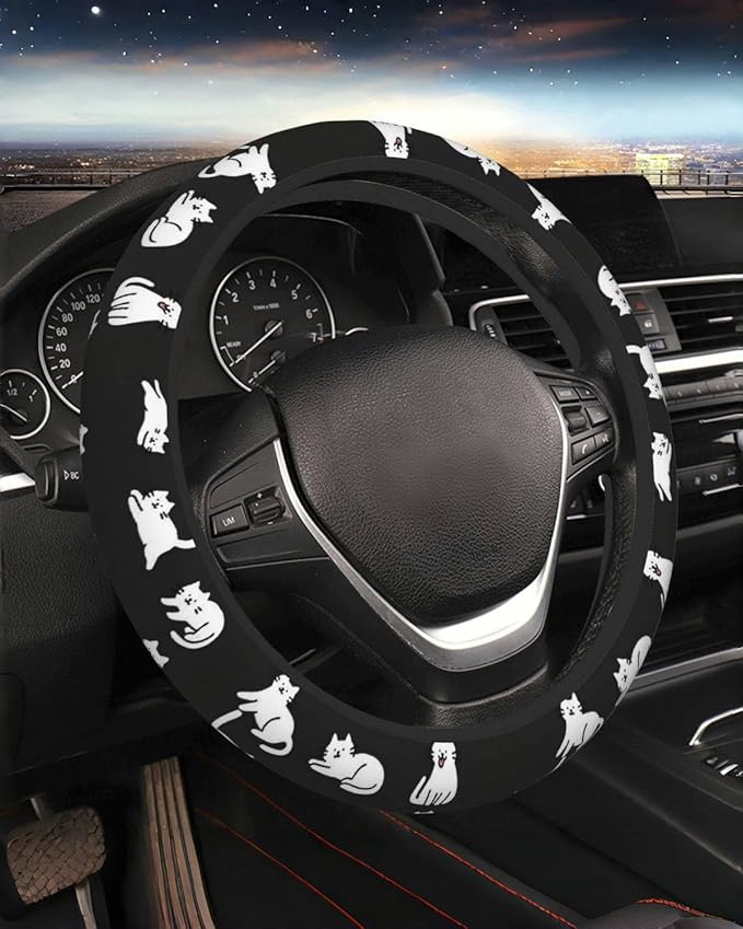 Steering Wheel Cover Accessories Neoprene Cover, Breathable Non-Slip Easy to Install Suitable for Women Men, 14.5-15.5 Inch for Car SUV Van Truck Universal - Lazy Kitten