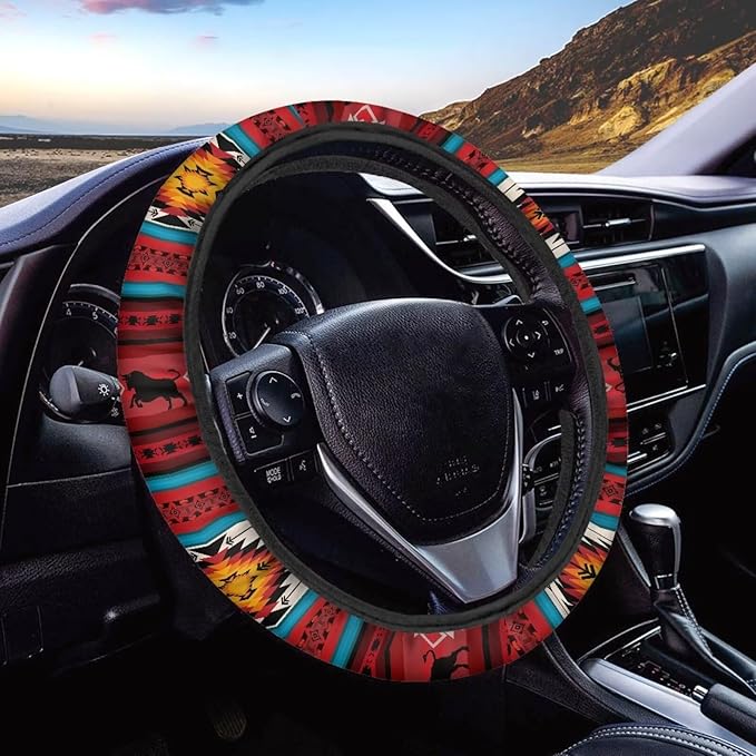 SEANATIVE Car Steering Wheel Cover for Men Breathable Anti Slip Auto Steering Wheel Covers fit Standard Size 15inches, Red Aztec Horse Print