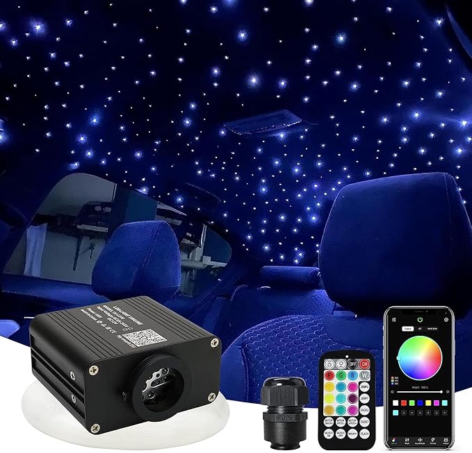 AMKI Updated 16W RGBW Fiber Optic Light Twinkle + Sound Activated 300pcs 0.03in 9.8ft Cables APP Remote Music Control Car Home Starlight Headliner Star Ceiling Light Kit