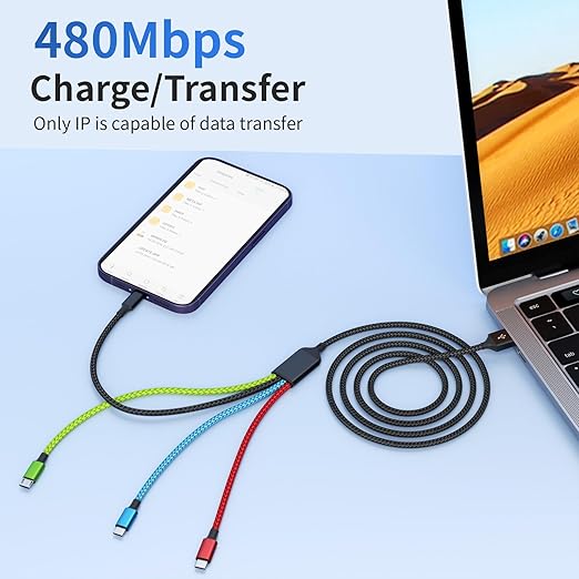 Dual Type-C 4 in 1 Multi Charging Cable [1Pack 5FT], Nylon 4 in 1 Charging Cable, Multi Chargers for All Devices with IP/Type C/Micro Port, Compatible with Most Cell Phones/Tablets and More