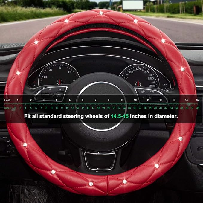Xizopucy Red Steering Wheel Cover, Leather Car Steering Wheel Cover, Crystal Rhinestones Anti-Slip Soft Accessories for Women and Girl Universal Fit 14.5-15 Inch