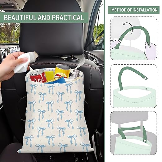Cute Car Trash Can, Hanging Canvas Car Back Seat Organizer and Storage Bag, Funny Car Trash Bag For Travelling, Outdoor Cute Blue Bows