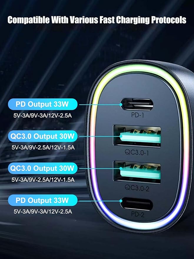 ACECAR 100W Car Charger 4-Port USB C & USB-A Car Charger Adapter PD/QC Multi Port Fast Charging Cigarette Lighter Adapte