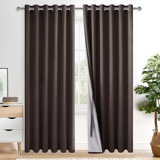 XWZO 100% Blackout Curtains with Tiebacks- Heat and Full Light Blocking Window Panels with Grommets & Thermal Insulated Draperies for Large Window, Brown, W70 x L84, Set of 2
