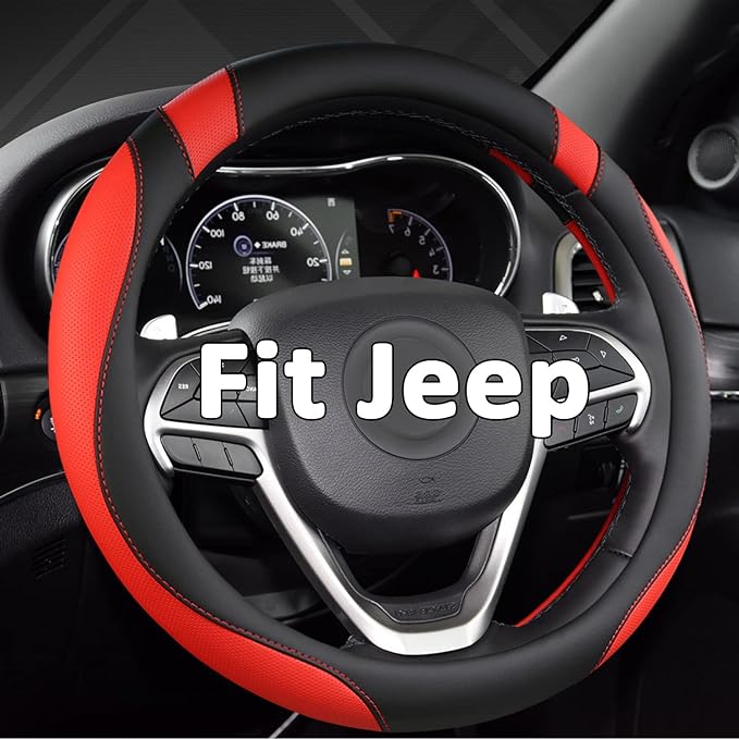 West Llama Customized Auto Car Steering Wheel Cover for Jeep 14.5-15 inches, Steering Wheel Cover for Jeep (Black+Red - Standard Size)