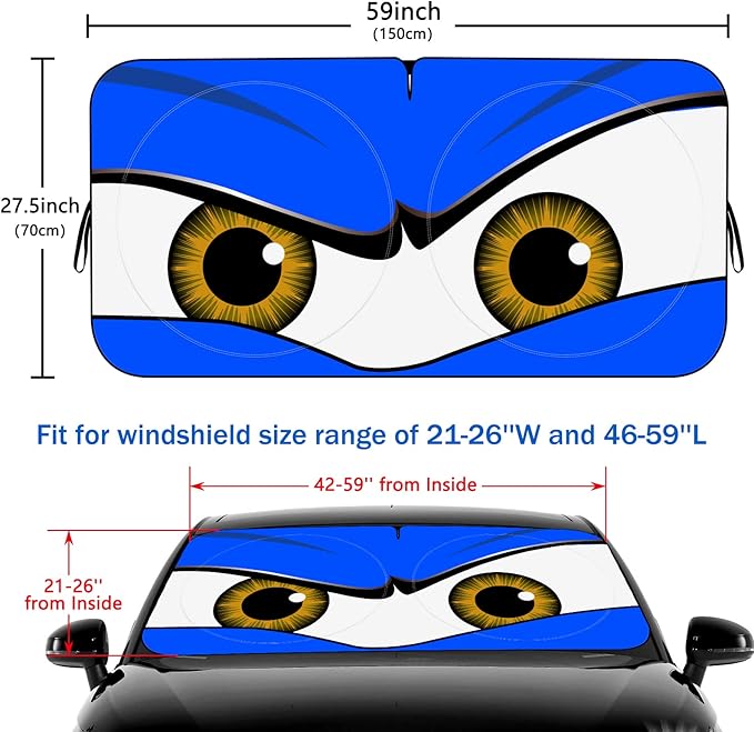 Car Windshield Sun Shade, Funny Car Eyes Sun Visor, Wear-Resistant Black Tape, Foldable 59‘’x27.5‘’/63''x31.5''