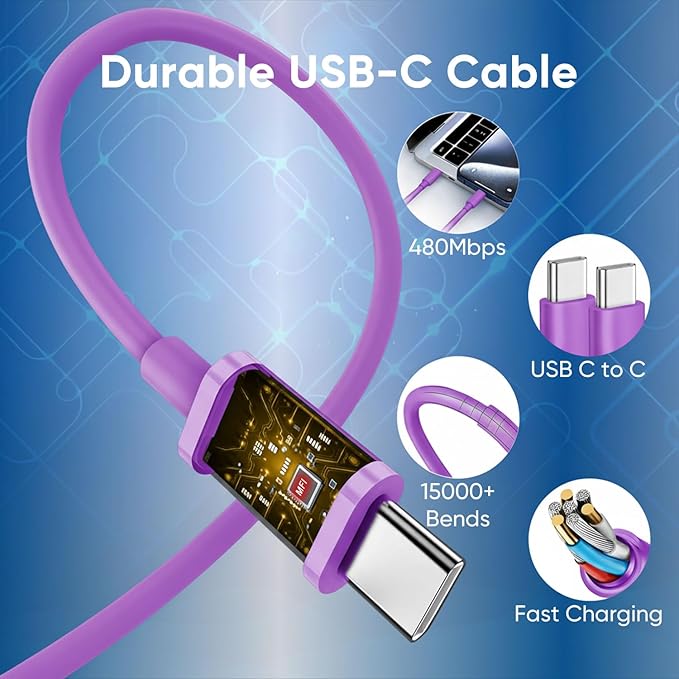 iPhone 17 16 15 Charger Fast Charging 10FT Cable, 30W USB C Charger Block for i Phone 15 16 16e 17 Air Plus Pro Max/iPad Pro/AirPods, PD USBC Power Adapter Wall Plug & Type C to C Cord (Purple, 10FT)