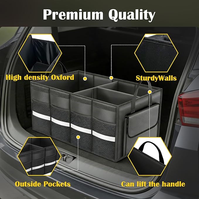 CloudDream Trunk Organizer for Car,70L Large Foldable Waterproof Organizer for SUV,Truck, Van & Sedan,3 Compartments, Black (Black-23.6")