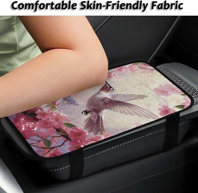 Cute Hummingbird Car Armrest Seat Box Cover Elastic Flannel Car Arm Rest Cushion Pad Scratch Resistant Middle Console Lid Protector Pad for Cars Trucks and SUVs