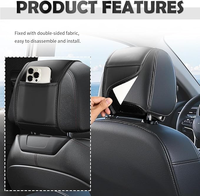 2PCS Multi-Purpose Car Headrest Covers with Pocket Design,Car Headrest Cover for Seat Back Organizer Storing Phone Cards,Universal Leather Head Rest Cover for Interior Decoration