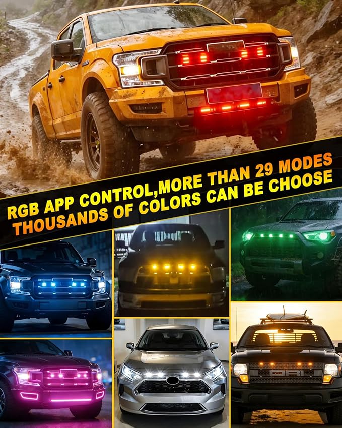 RGB Led Grille Lights APP Control 4 in 1 Colorful Underglow Rock LED Lights for Tacoma Truck Chevy Car Off-Road Raptor Jeep SUV ATV UTV DRL Decoration Signal LED Light