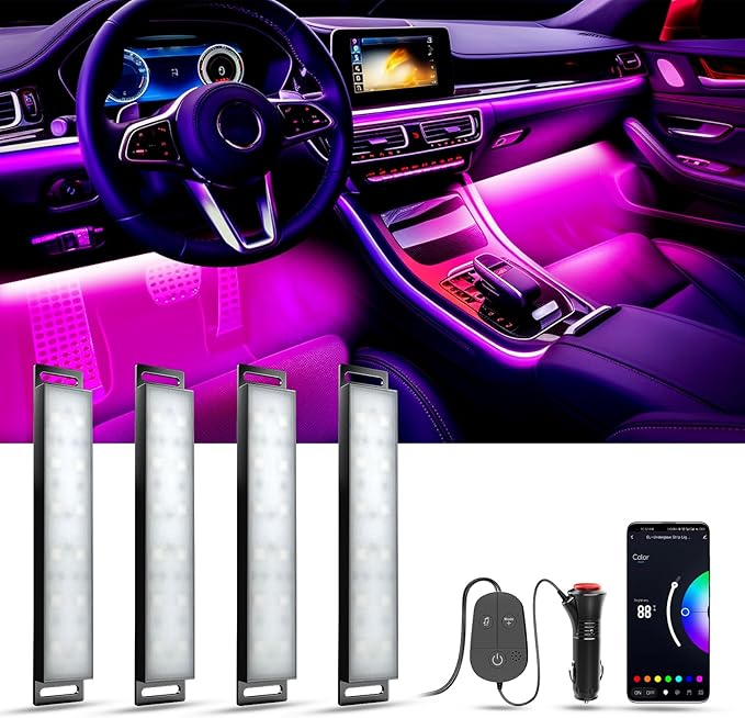 YiLaie Car Lights Interior, Smart Interior Car Lights with App Control, Under Dash Footwell Neon Internal Lighting Kit Multicolor, Cigarette Lighter DC 12V for Car Accessories