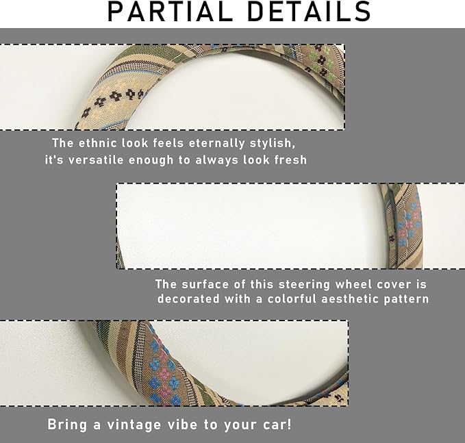 Boho Steering Wheel Cover, 15.0"×15.0" Anti-Slip Baja Blanket Ethnic Steering Wheel Protector, Breathable Flax Cloth Elastic Bohemian Steering Wheel Cover, Car Accessories (Style G)