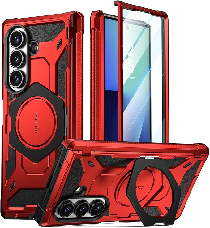 Poetic Spartan for Samsung Galaxy Z Fold 7 Case, [Hinge Protection][Magnetic Ring Adjustable Stand][Built-in Screen Protector][Compatible with MagSafe] Full-Body Rugged Phone Case, Metallic Red