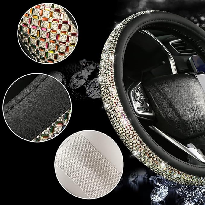 Bling Dianmond Leather Steering Wheel Cover for Women Girls with Crystal Rhinestones, Universal Fit 14.5“-15” in Car Steering Wheel Cover Accessories