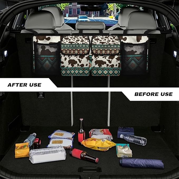 Aztec Tribal Car Trunk Organizer Brown Cow Spots Trunk Hanging Storage Bag Car Organization for SUVs Sedans