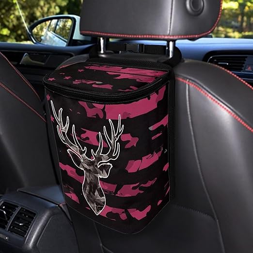 Pink Camo Deer Car Trash Can Auto Garbage Bag with Lid Leak-Proof Car Storage Bag Garbage Bag Hanging for Headrest Portable Vehicle Backseat Organizer