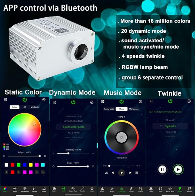 AZIMOM 10W Twinkle Fiber Optic Starlight Box Sound Activated RGBW Fiber Optic Light Source APP/Remote Control Light Engine Driver for Car Home Ceiling Star Lighting Decor